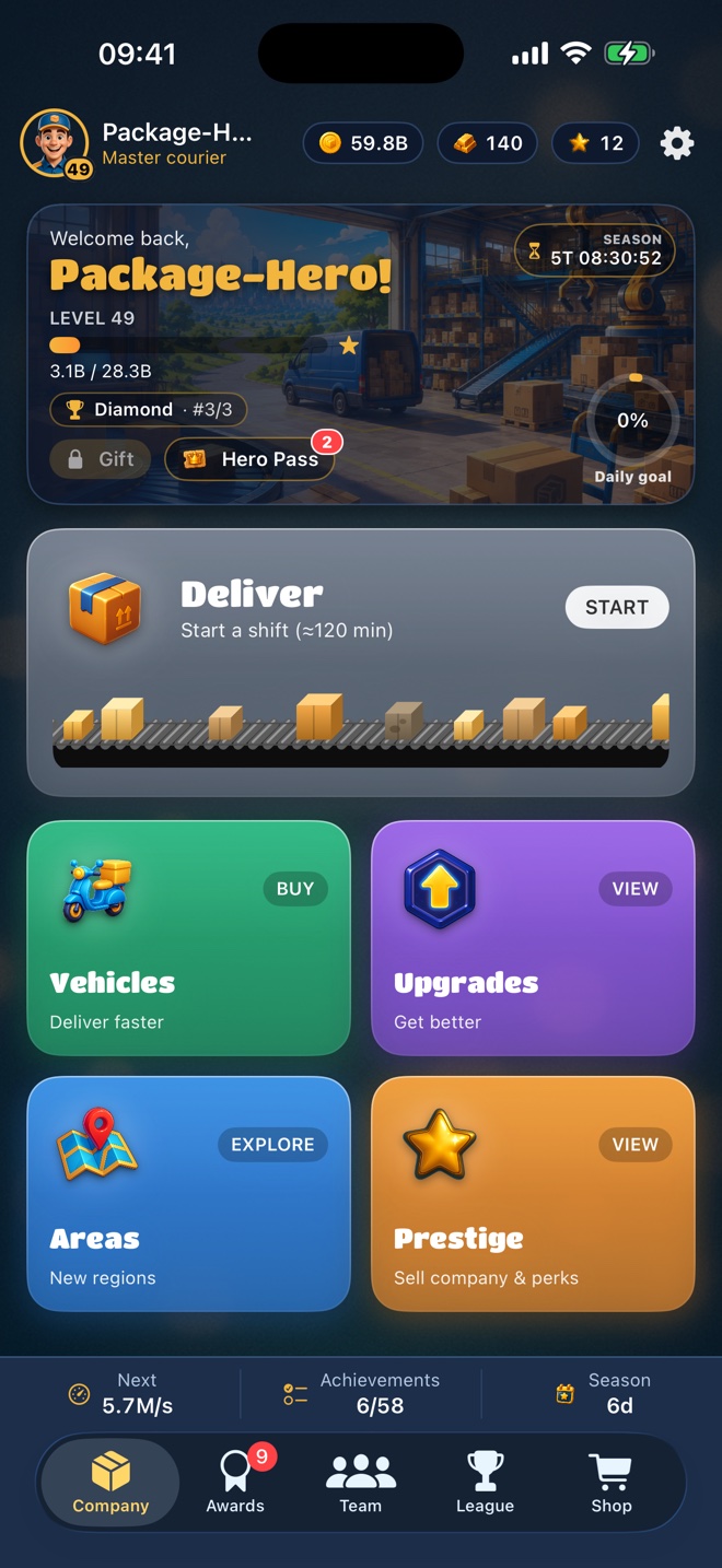 Package Hero: the delivery screen with a shift in progress